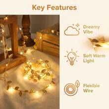 1pc/3pcs/5pcs 金葉銅線燈，2M 20LED，婚禮生日派對裝飾，居家牆面裝飾，戶外花園人造植物藤蔓燈，DIY裝飾燈，金色小葉假植物裝飾燈，電池供電（不含電池） - 暖白光 - 查看 3