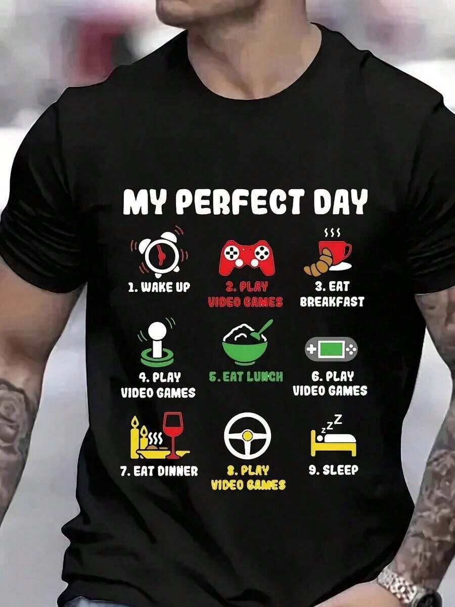Camisetas Para Hombre My Perfect Day Gamer Cool Gamer Videojuego Camiseta Drtida Camisetas Para Hombre Videojuegos Playing Lover Tops Tres playeras de mujer - Negro - Ver 1