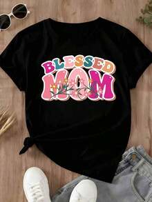 Camiseta de Mujer con Diseño Floral "Bless-Ed Mom" para Uso Casual de Verano - Negro - Ver 2