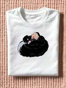 Camiseta con estampado gráfico de dibujos animados, estilo anime japonés Harajuku, camiseta de moda casual de manga corta, talla grande para mujer - 100% algodón.Adecuada para un uso casual versátil en primavera, verano y otoño. |   Diseño exquisito |   Suelto y cómodo |   Fácil de combinar | - Blanco 4 - Ver 2