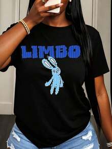 Camiseta de Mujer con Estampado Gráfico de Conejo Azul Limbo, Top Casual de Verano, Diseño de Moda Urbana para Uso Diario - Negro - Ver 6