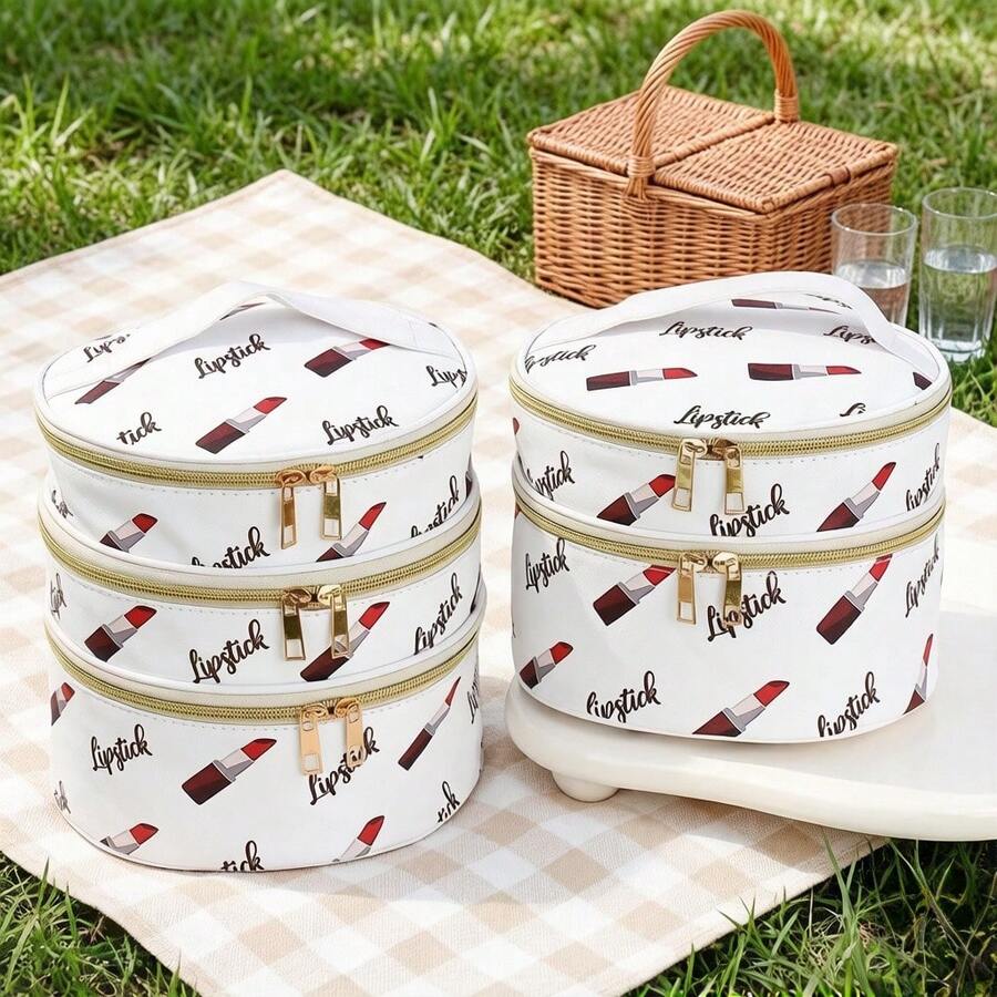 1pc Sweet & Versatile PU Material Gold Zipper Lipstick Print Cosmetic Bag, Suitable For Women's Daily Commute/Travel