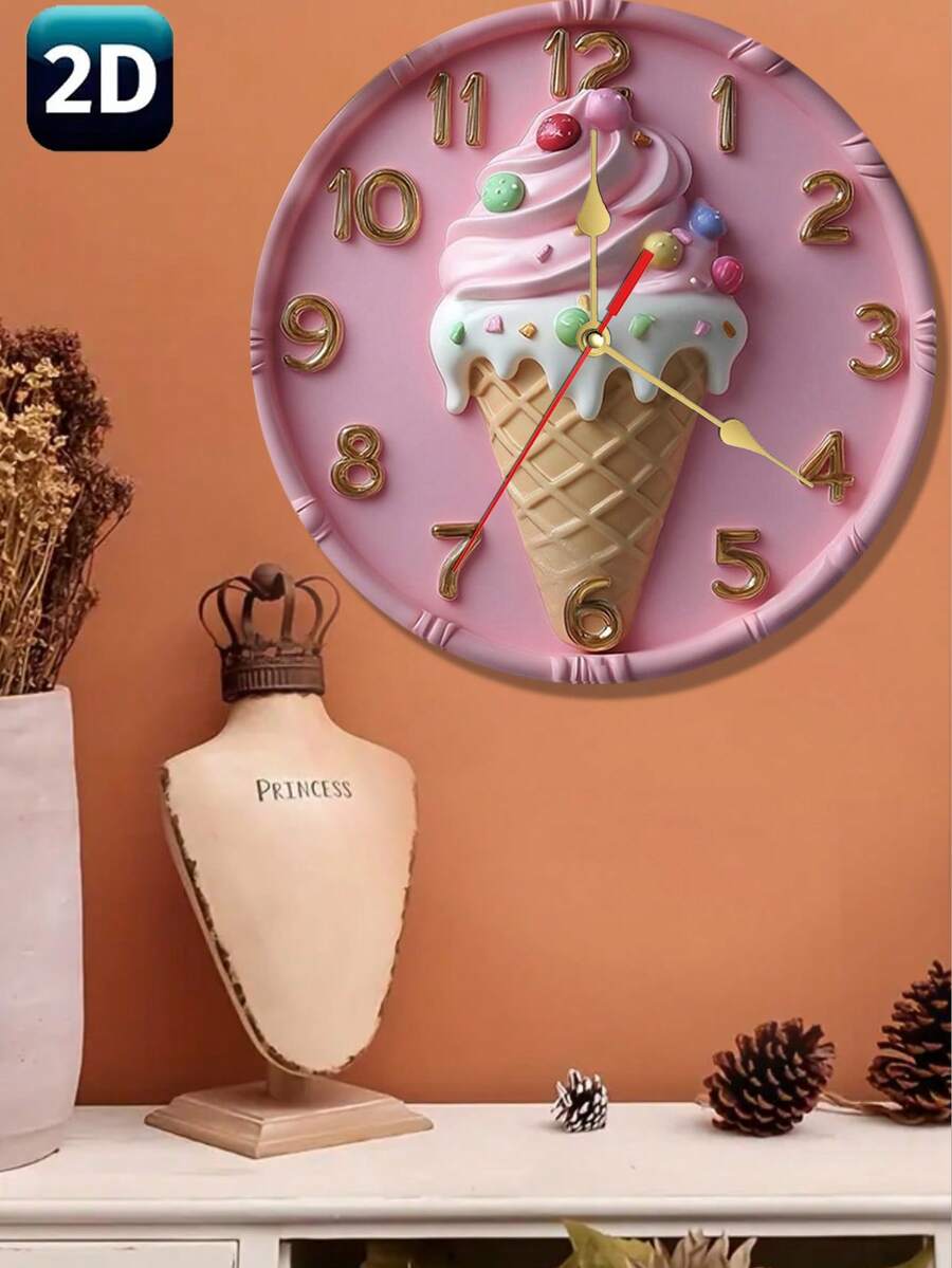 2D Flat Wooden Wall Clock, Ice Cream Design, Candies And Colorful Frosting, Classic Style Pink Home Decor Sign And Plaque, Multipurpose Indoor Use, English, Home Decor Sign Classic Style Clock Whimsical Design, Ice Cream Decoration - Multicolor - View 1