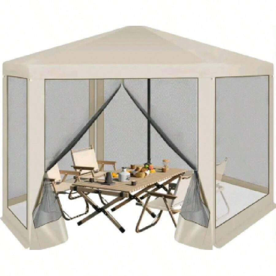 Pavillon 3,8x3,3 m sechseckig, Gartenpavillon mit Seitenwänden und Moskitonetz, Metallpavillon, Partyzelt, einfache Montage ohne Werkzeug, für Garten, Terrasse, Patio, beige - Weiß - Übersicht 1