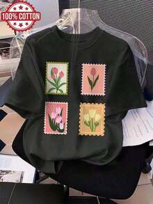 Camisetas Gráficas 100% Algodón para Mujer, Camiseta de Algodón Puro Estilo Vintage con Estampado de Tulipanes Retro, Cuello Redondo Casual, Manga Corta, Top de Primavera Verano. 100% Algodón, Camiseta Transpirable, Combina con Todo. - Negro - Ver 1