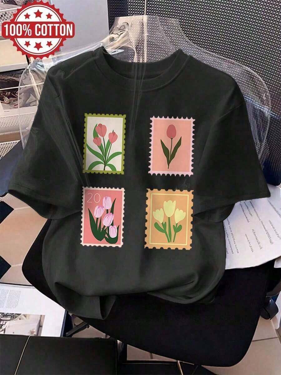 Camisetas Gráficas 100% Algodón para Mujer, Camiseta de Algodón Puro Estilo Vintage con Estampado de Tulipanes Retro, Cuello Redondo Casual, Manga Corta, Top de Primavera Verano. 100% Algodón, Camiseta Transpirable, Combina con Todo. - Negro - Ver 1