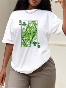 Plus Size Casual Style For Women, Queen Of The Shamrocks T-Shirt For St. Patrick's Day, Green St. Pats T-Shirt, Retro Boho Vintage Graphic Tee, Funny Green Pub Crawl T-Shirt, Plus Size Women's T-Shirt, Perfect For Christmas Parties Or As A Gift, Soft And Comfortable. - 白色 - 查看 6