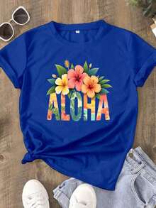 Mayo Quinta Festival Informal Camiseta 100% Algodón Plus Tamaño Mujeres Hawaiano Aloha Imprimir Camiseta - Brillante Rosa Manga corta Cuello Redondo Superior, Decorado Con Hawaiano Plumeria Y Hibisco Patrones, Hawaiano Estilo Vacaciones Ropa de playa Adecuado Para Informal Ropa En Primavera Verano, Y Otoño, A Genial Elección Para Navidad Regalos. Camiseta de algodón transpirable, ropa de verano fresca y versátil para mujer - Azul - Ver 6