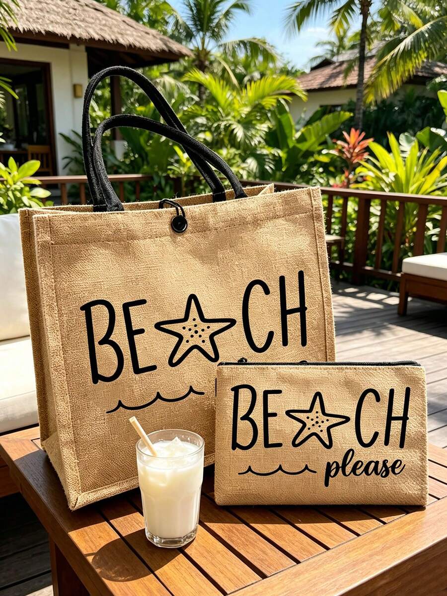 「Beach Please」帆布托特包與拉鍊收納袋套組,星星與波浪圖案帆布海灘包附拉鍊收納袋,女款可重複使用大容量海灘包,可裝毛巾、防曬乳與日常用品,小收納袋可裝化妝品與貴重物品 - 彩色 - 查看 1