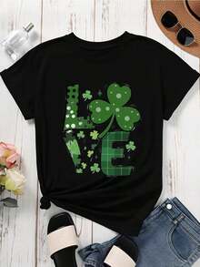 Camiseta de Cuello Redondo TrendyWomen con Estampado de Trébol de San Patricio, Manga Corta, para Celebración del Día de San Patricio, Uso Casual y Diario - Negro - Ver 3