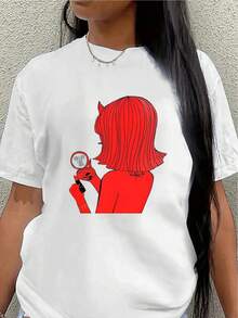 Camiseta de manga corta de poliéster, decorada con un patrón de espejo rojo, ligera y duradera, adecuada para uso casual en casa o en una cafetería, cómoda y ajustada para el uso diario. - Blanco - Ver 1