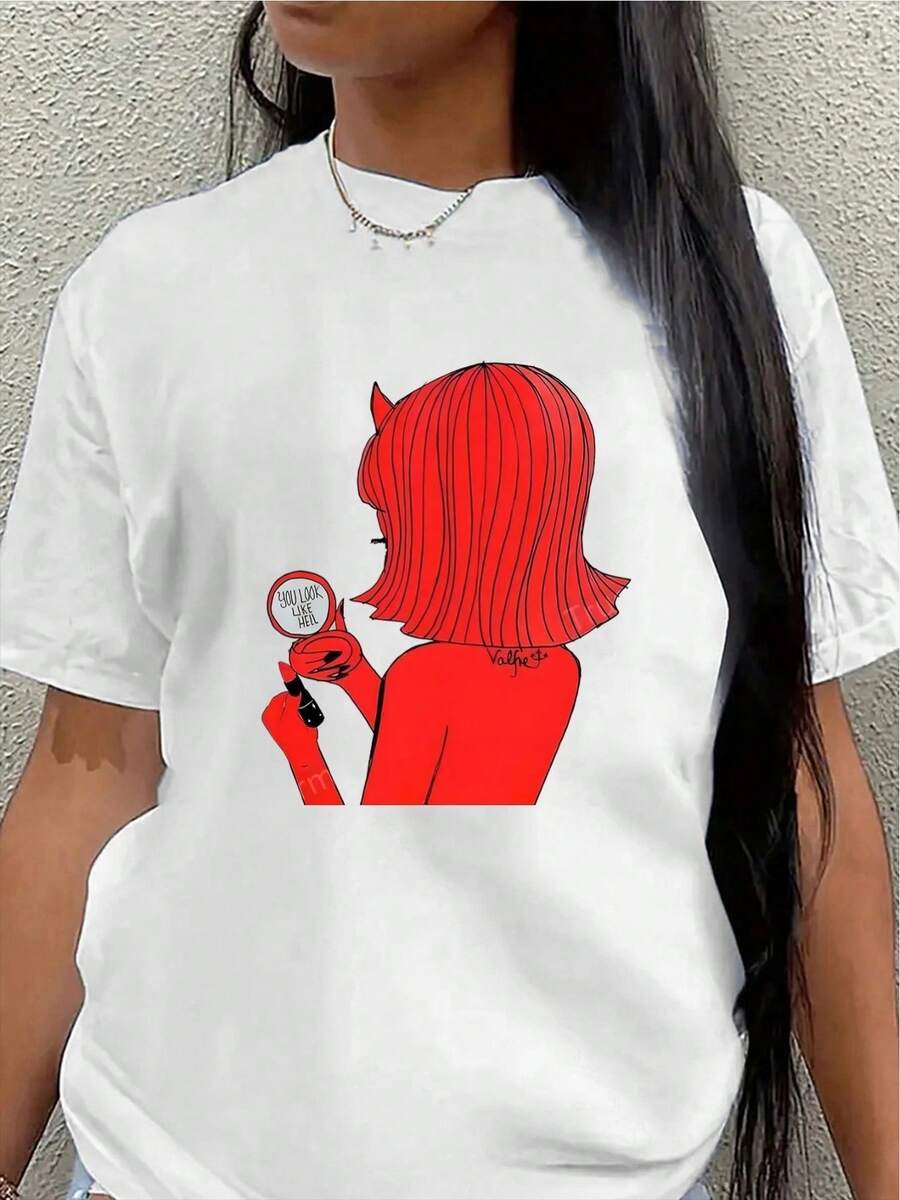 Camiseta de manga corta de poliéster, decorada con un patrón de espejo rojo, ligera y duradera, adecuada para uso casual en casa o en una cafetería, cómoda y ajustada para el uso diario. - Blanco - Ver 1