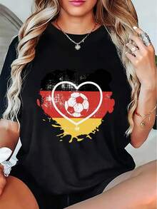 Camiseta Casual para Mujer del Equipo de Fútbol Alemán con Estampado de Corazón - Ropa para Fans, camiseta de manga corta con cuello redondo, diseño con el emblema nacional, lavable a máquina, adecuada para todas las estaciones. - Negro - Ver 7