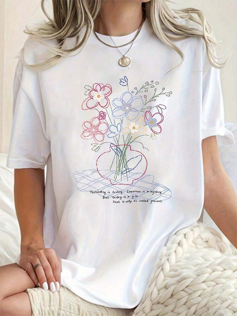 Camiseta Casual de Manga Corta con Cuello Redondo para Mujer | Patrón floral pintado a mano con mensaje inspirador, tela suave y elástica, corte ligeramente holgado, top casual y elegante para primavera, verano y otoño. - Blanco - Ver 1