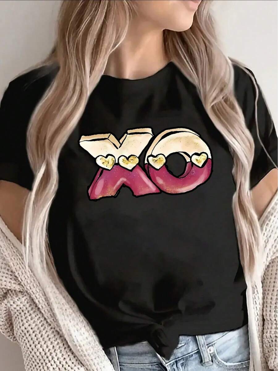1 Black, Lightweight, And Durable Short-Sleeved T-Shirt With An XO Heart Design, Perfect For Lounging At Home Or Going Out To Eat, Offering A Comfortable Everyday Wear Experience. 100% Cotton, 180g. - 黑色 - 查看 1