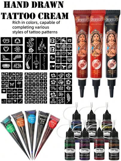 yikexuanli 3/5/7 Colors Henna Temporary Tattoo Paste, 3 Sheets Hollow Template Tattoo Stickers, Colorful & Versatile Designs For Holiday, Party, Costume, Waterproof Semi-Permanent Tattoo Set For Men & Women,Sketch Style