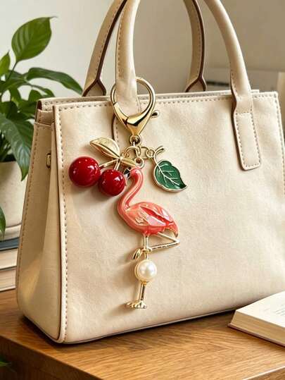 Pearl Flamingo Pendant With With Cherry & Leaf Charms, Gold Plated Pearl Flamingo Bag Charm, Cute Tropical Bird Key Ring , Bohemian Vacation Style. Ocean Alloy Pendant, Hawaiian Tropical Style Pendant. Suitable For Backpacks, Wallet Decorations, Headphone Bag Accessories, Car Pendants, Fashionable And Minimalist Accessories