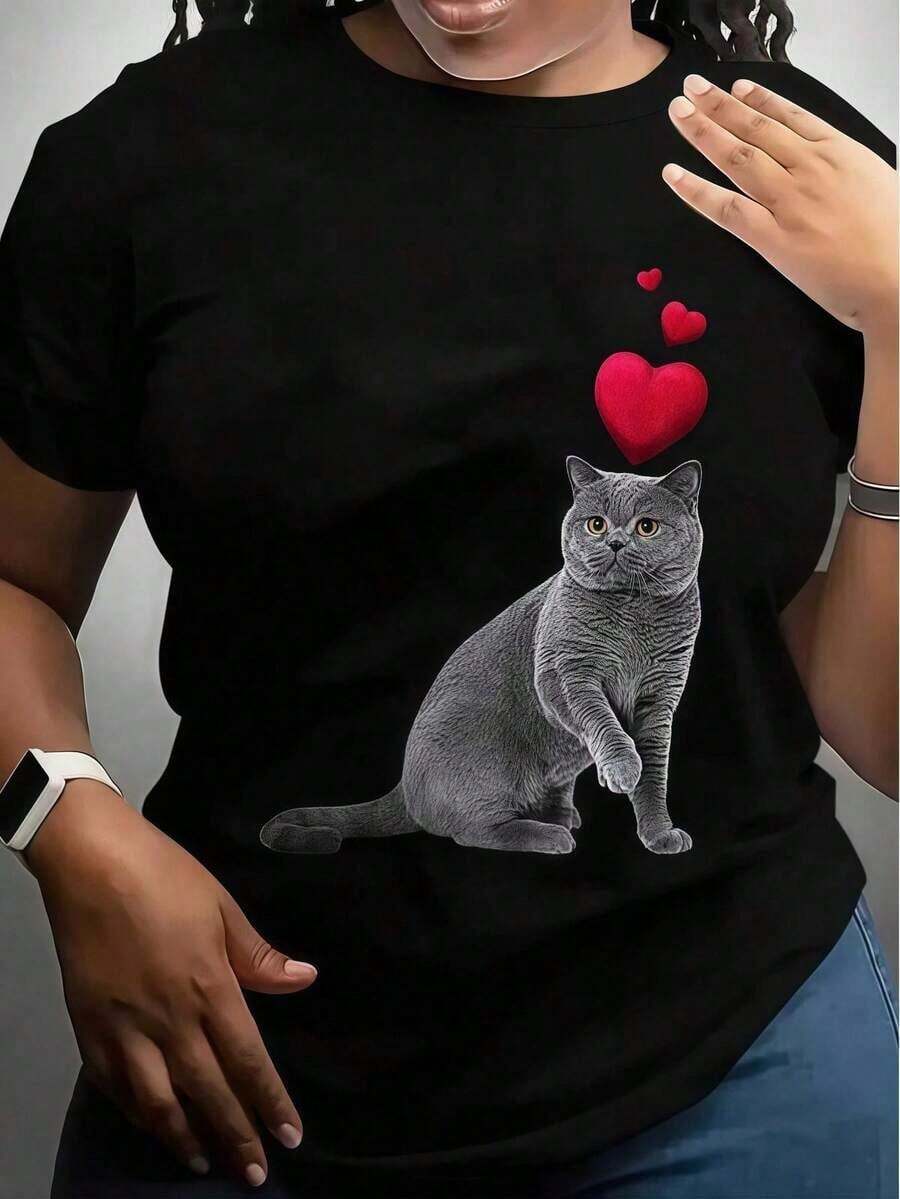 Round Neck Camiseta Holgada Para Mujer Con Patrones, Hermosos Conjuntos De Manga Corta Para Uso En Verano, Atuendos Para Vacaciones, Atuendos De Pareja, Atuendos De Hermanas, Atuendos De Padres E Hijos_202 Summer Essentials,Summer Outfits For Women,Graphic Tees Blusas Para Mujer Casual - Negro - Ver 1