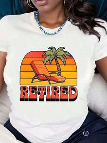 Camiseta de manga corta para mujer con cuello redondo, estampado gráfico vintage de palmeras al atardecer y silla de descanso, estilo casual para verano y playa, tela cómoda, regalo perfecto - Unisex, adecuada para salidas diarias informales, camiseta de verano de manga corta, camiseta retro con estampado Y2K, camiseta de verano de manga corta, top de estilo vintage para mujer, perfecta para festivales y eventos deportivos. Sencillo y casual, excelente relación calidad-precio. Blusas Para Mujer Casual - Blanco - Ver 1