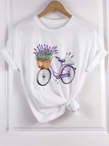 Camiseta de Mujer con Estampado Floral de Bicicletas - Fondo blanco con bicicletas de color morado claro y flores de color morado claro - Camiseta de cuello redondo suave y transpirable, adecuada para el uso diario en verano y para ocasiones de ciclismo - Camiseta casual lavable a máquina, corte holgado, diseño fresco, material cómodo, estilo de manga corta, adecuada para entusiastas de la moda. - Blanco - Ver 1