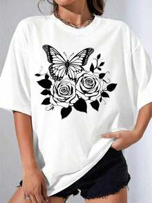 Camiseta Negra y Blanca para Niña, Camiseta Blanca de Talla Grande con Estampado de Mariposas y Rosas para Uso Casual, Fiesta al Aire Libre, Camiseta Estampada Casual - Blanco - Ver 2