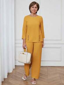 2 piezas Conjunto de blusa de manga larga con botones decorativos y pantalones de unicolor minimalista, conjunto casual de verano amarillo para mujer primavera-verano - Naranja - Ver 10
