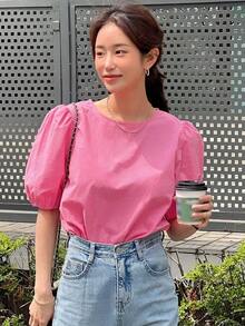 Blusa De Manga Abullonada Con Agujero En La Espalda - Rosa - Ver 7
