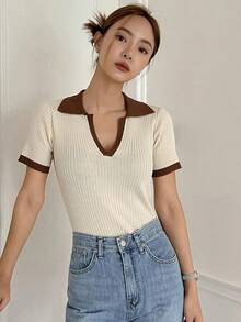 Blusa de punto acanalado con cuello de contraste, ropa de otoño - Beis - Ver 7