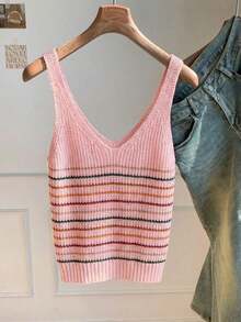 Blusa de punto de rayas azul marino casual de verano para mujer - Rosa - Ver 2