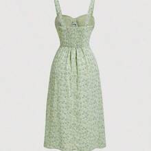 guang zhou mi qian shang mao  MOD Vestido con tirantes de espagueti fruncido con estampado floral colorido y lazo - Estilo soñador y romántico, vestido de verano y primavera para mujer para citas, fiestas, vacaciones de primavera, vacaciones, picnics, festivales, cumpleaños - Verde pastel - Ver 4