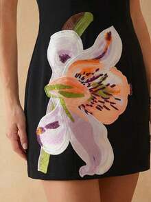 Vestido mini elegante de mujer con cuello redondo, ajustado, sin mangas y con decoración floral 3D - Negro - Ver 5