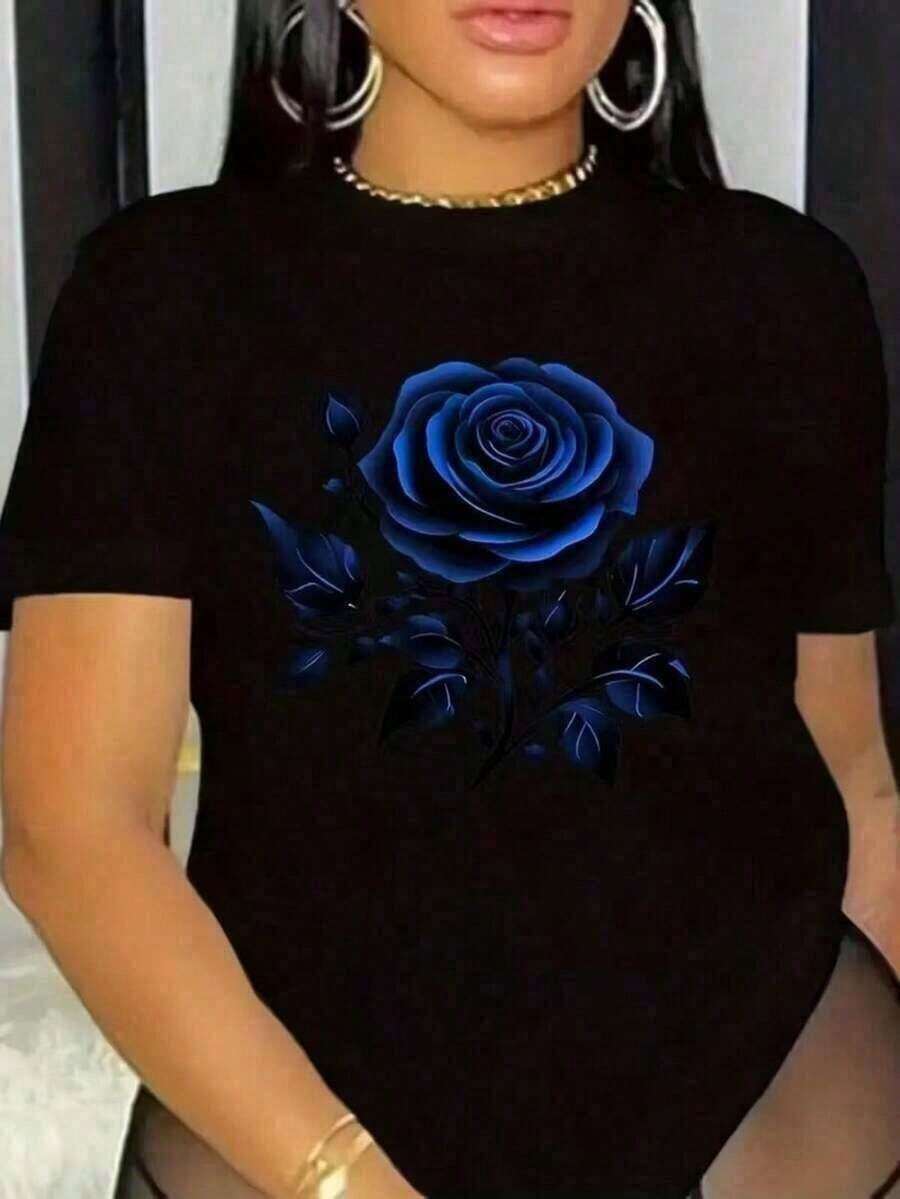 New Women's Round Neck T-Shirt, Short Sleeve, Loose Fit, Casual And Versatile With Blue Rose Print, Soft Fabric With Good Drape ZIXF 1YPJ - 黑色 - 查看 1