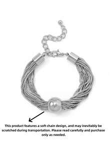 1pc Luxury Minimalist Snake Bone Chain Round Bead Bracelet, Women's Office Commute High-End Versatile Silver Hand Accessory - Silver - View 2