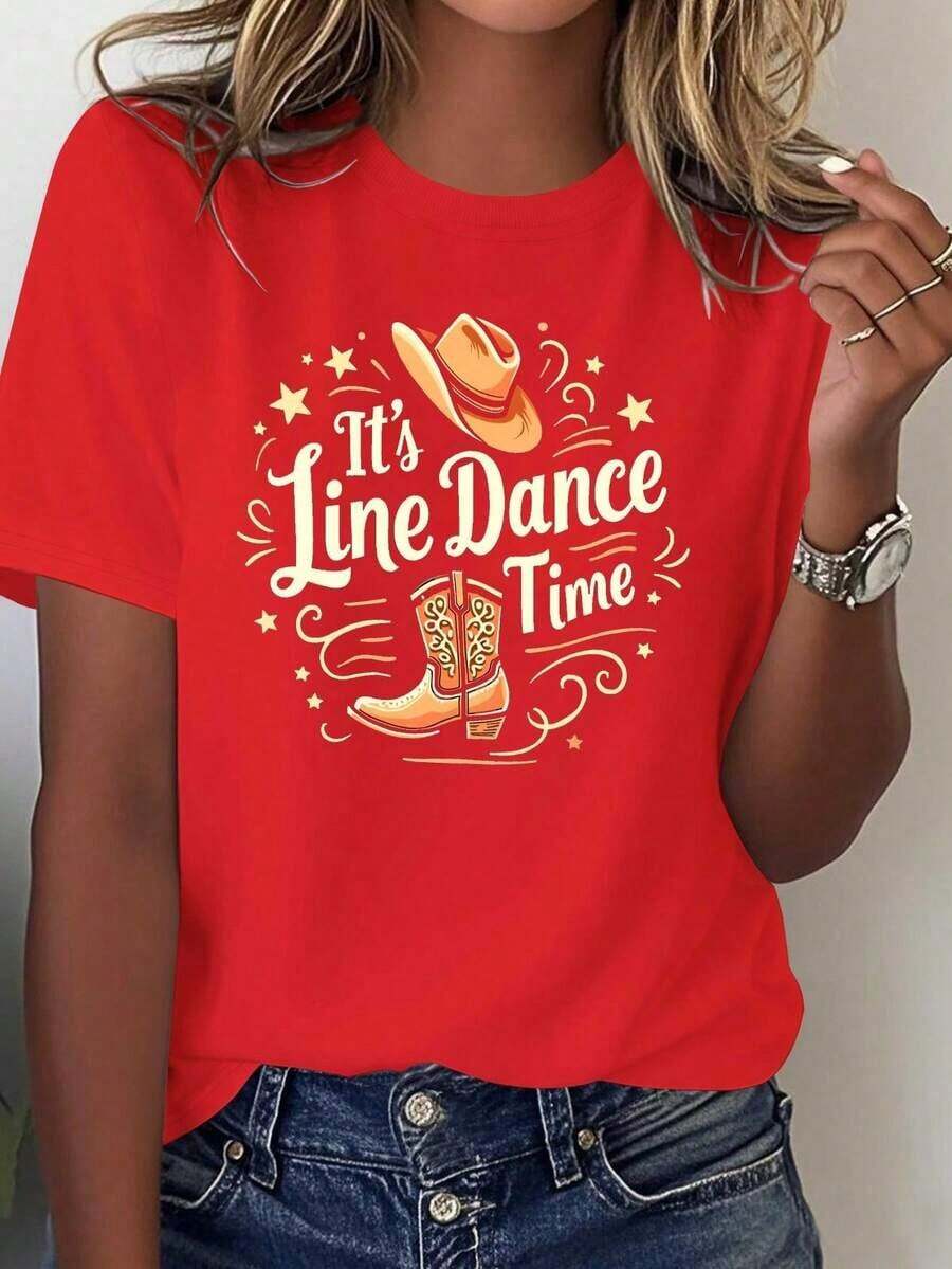 Cowboy Boots IT S Line Dance Time Women's Pure Comfort T-Shirt - Unisex Vintage Urban Style, Short Sleeve Round Neck Cotton T-Shirt, Summer Style, Cool Summer Clothes For Women - 紅色 - 查看 1