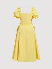 MOD Vestido de manga abullonada con cintura anudada de longitud media en talla grande para mujer, elegante y romántico, vintage, para primavera/verano, vestido midi romántico y elegante para fiesta de vacaciones, atuendos de vacaciones de verano, elegante fiesta, ceremonia, vacaciones en la playa, vestido de ceremonia elegante para mujer, vestido de invitada de boda, vestidos de noche de lujo, vestido formal, vestido de graduación para mujer, vestido amarillo, vestido de limón, vestido de manga abullonada, vestido cottagecore - Amarillo - Ver 4