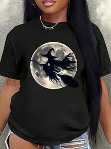 Camiseta de poliéster de manga corta, con diseño de una bruja montada en una escoba sobre una luna llena, ligera y duradera, adecuada para fiestas de Halloween, uso diario o temas de decoración del hogar, disponible en múltiples colores para adultos. - Negro - Ver 1