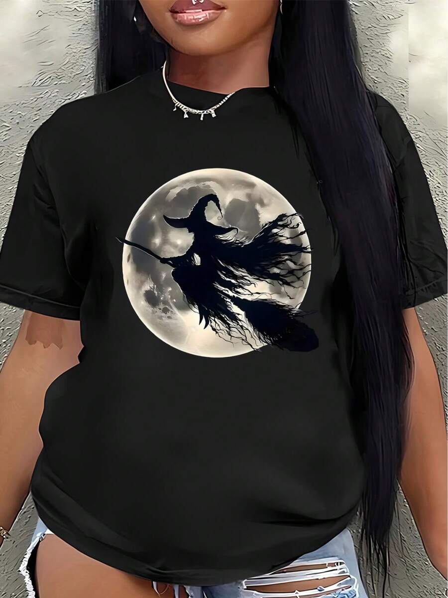 Camiseta de poliéster de manga corta, con diseño de una bruja montada en una escoba sobre una luna llena, ligera y duradera, adecuada para fiestas de Halloween, uso diario o temas de decoración del hogar, disponible en múltiples colores para adultos. - Negro - Ver 1