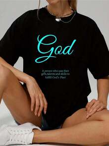 Algodón Camiseta De Manga Corta % Algodón, Talla, Con Estampado De La Letra God Fidence, Para Mujer, Talla, Ligeramente Elástica, Cuello Redondo, Informal.100% Cotton - Negro - Ver 5