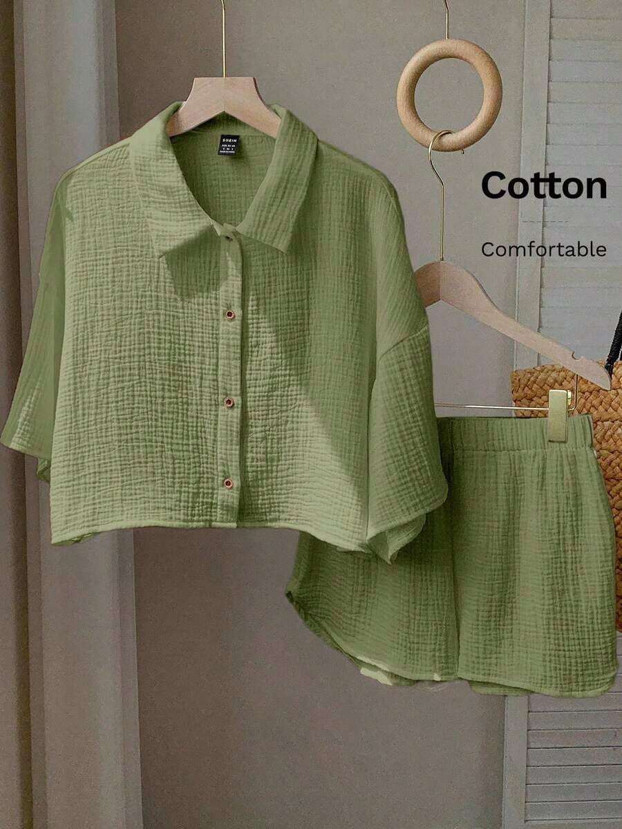 de 2 piezas de blusa y pantalón corto de mujer con estampado de biología marina de tela de bambú, nueva colección Primavera/Verano 2026.Ideal para invierno, Pascua, fiesta, playa, boda, graduación, elegante, casual, vacaciones, depor - Verde militar - Ver 1