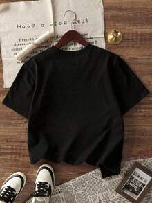 Women's Casual Summer T-Shirt, 1 Piece, Round Neck, Short Sleeve, Dragonfly Print, Maple Leaf, Coffee Cup, English Letters, Minimalist Style, Loose Fit, Versatile, Urban Fashion - 黑色 - 查看 2
