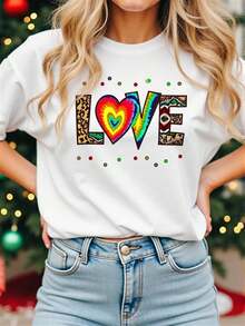 Camiseta Casual Blanca de Manga Corta y Cuello Redondo para Mujer | Patrón deíris con la palabra LOVE combinado con detalles de corazón con estampado de leopardo, elasticidad media, adecuado para todas las estaciones, lavable aáquina, un regalo para el Día de San Valentín, Año Nuevo y Navidad - Camiseta unisex de manga corta, cuello redondo, de algodón suelto, estilo vintage urbano. - Blanco - Ver 5
