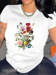 Camiseta de Algodón Estampada para Mujer Talla - Suave y transpirable, con cuello redondo, para uso diario, con estampados de lirios rojos y dorados, rosas rosadas y narcisos azules, ligera y lavable aáquina, perfecta para uso casual o como regalo para citas - para cumpleaños y aniversarios - Camiseta de Manga Corta de Algodón, Cuello Redondo, Estilo Vintage Urbano, Unisex y Holgada. - Blanco - Ver 2
