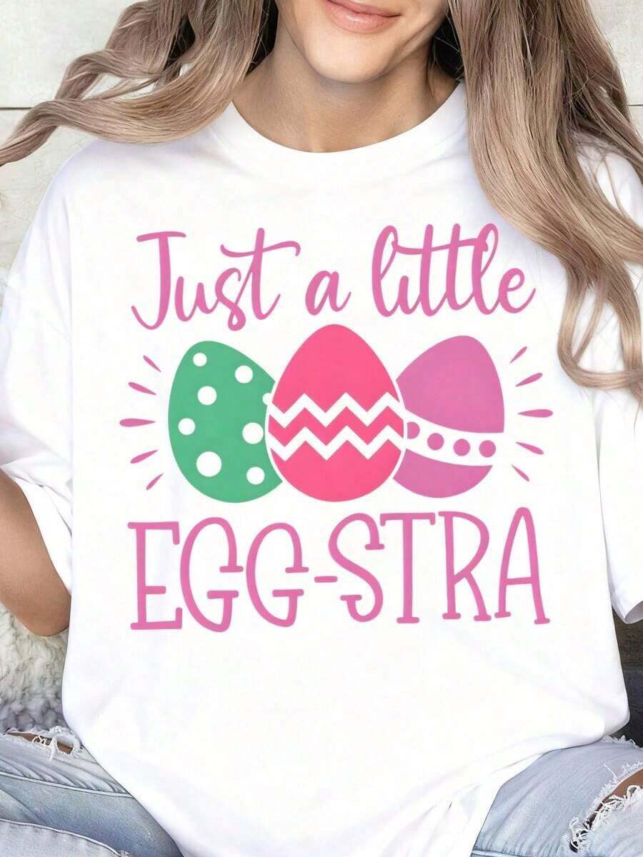 100% algodón, camiseta de mujer "Just A Little Eggstra", camiseta de Pascua para mujer, divertida camiseta de Pascua con diseño de huevos coloridos, perfecta para celebraciones de primavera y fiestas de Pascua. - Blanco - Ver 1