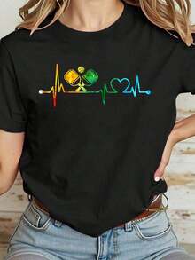 Camiseta Casual 100% Algodón para Mujer con Estampado Divertido de Raqueta de Pickleball y Latidos del Corazón en Colores Vintage - Negro - Ver 1