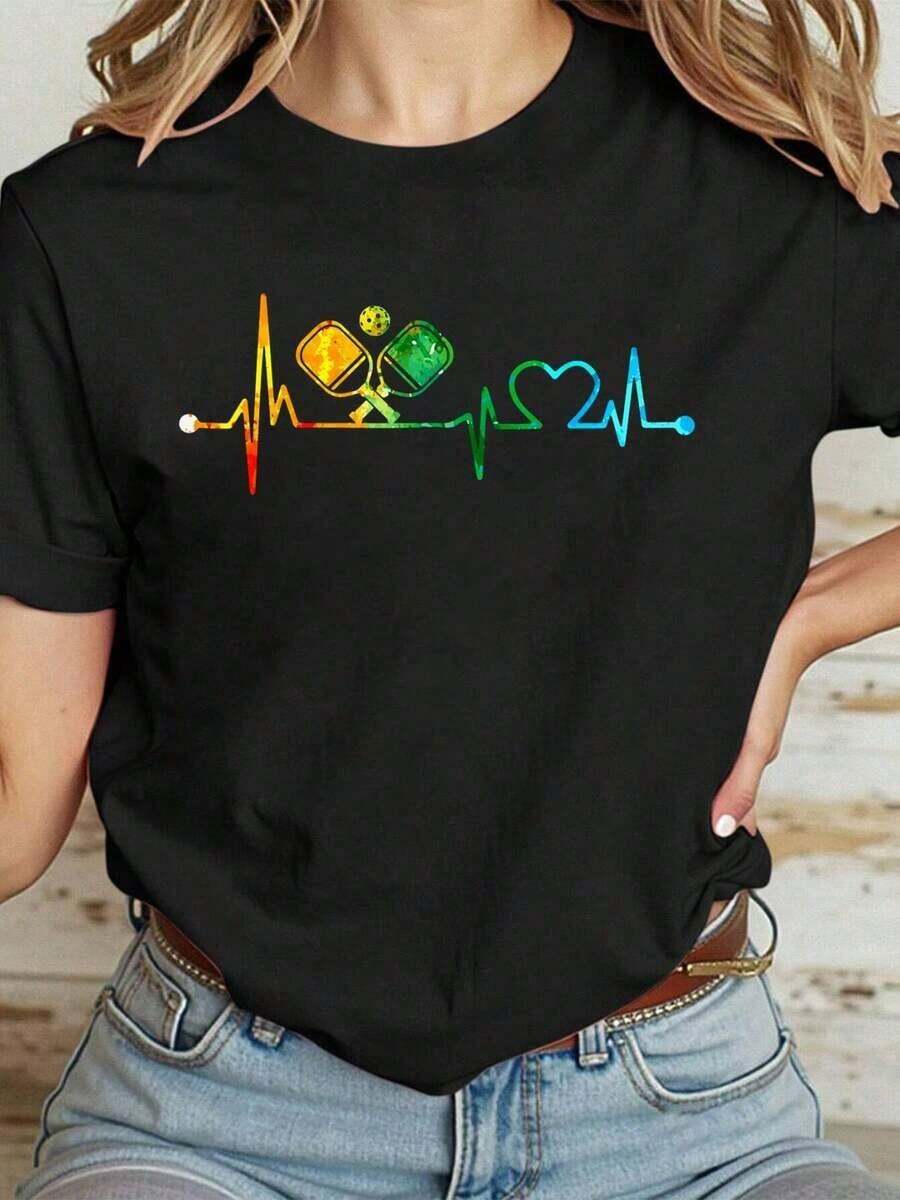 Camiseta Casual 100% Algodón para Mujer con Estampado Divertido de Raqueta de Pickleball y Latidos del Corazón en Colores Vintage - Negro - Ver 1