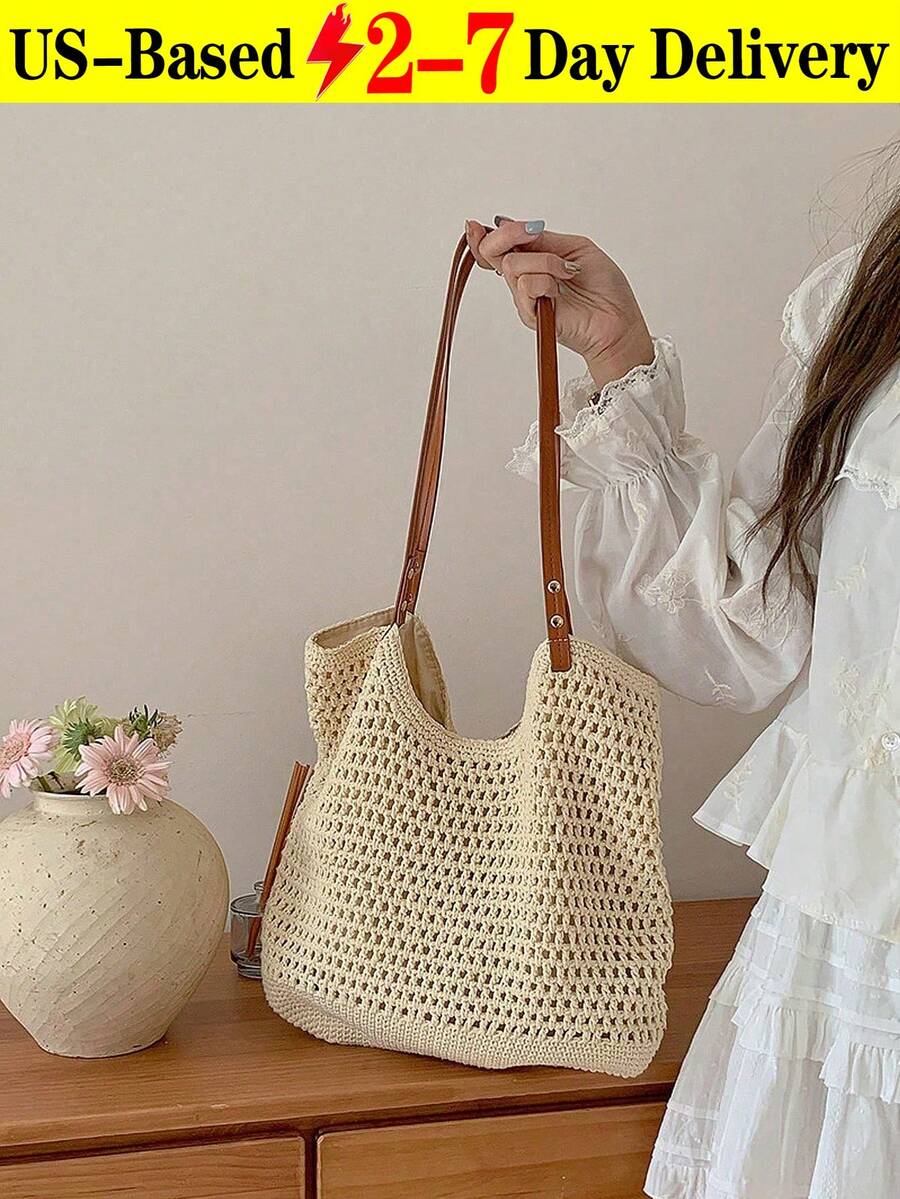 [US-Based Shipping]2026 New Large Capacity Women Tote Bag, Large Capacity Handmade Woven Bag, Women's  New Straw Bag, Beach Vacation Shoulder Bag, Commuter Tote Bag, Extra LargeVersatile Shoulder Beach Holiday Straw Woven Commute Handbag, Beach Purse, Perfect For Summer, Vacation & Daily Use, Travel Must Haves, Beach Necessities, Beach Essentials,Beach Stuff & Summer Essentials, Newest Holiday Bag, Hottest Beach Bags,Beige Hollow Out Crochet Tote Bag Large Capacity PU Strap Shoulder Bag For Women Summer Beach Vacation Daily Use,Boho Style Beige Knitted Tote Bag Hollow Out Design Large Capacity Handbag For Women 2026  Summer Beach Bag Daily Commute - 彩色 - 查看 1