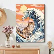 5D钻石画套装 - 冲浪猫图案，全圆钻石画，家居装饰手工礼品 - 查看 4
