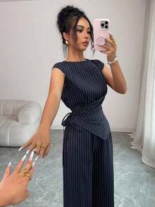 Conjunto de blusa de rayas con cuello de barco, cintura ceñida, pliegues laterales, lazo en el bajo, mangas cortas asimétricas + pantalones de pierna ancha con rayas y cintura elástica con bolsillos, elegante y vintage francés, apropiado para oficina, paseo, playa, casual, chic, versátil, té de la tarde, ocio, estilo bohemio, primavera/verano - Negro - Ver 8