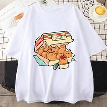 Camisetas Happy T Shirts de Kitten Nuggets para MUJER, Kawaii/lindas, Estilo Urbano, 100% Algodón, con Diseño de Galletas para Gatos y Salsa para Mojar, Manga Corta - Blanco - Ver 8