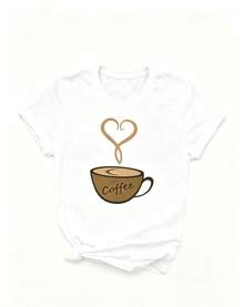 Fashionable Item, 3-Piece Set, Of Short-Sleeved T-Shirts Suitable For Streetwear, Oversized Round Neck Top For Daily Outings, Camping, Concerts, Hip-Hop, Rock, And Rap Events, Women's T-Shirt, Colorful T-Shirt, 100% Pure Cotton, Unisex T-Shirt, Fun T-Shirt, Three-Piece Set In Black, White, And Red, Varsity Style T-Shirt, 1 Piece Of Casual Loose-Fitting Short-Sleeved T-Shirt With Round Neck And Latte Coffee Heart Design, Loungewear, Women's T-Shirt. - 白色 - 查看 2